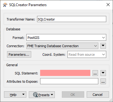 SQLCreator parameters